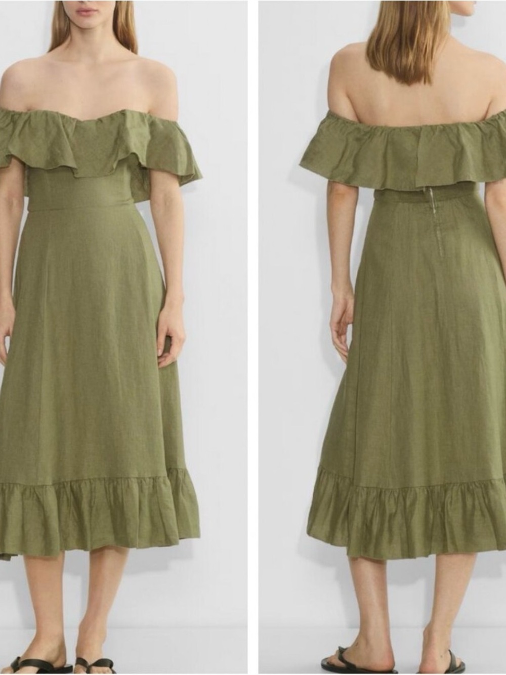 Aritzia Wilfred Marmion Linen Midi Dress Sundried Olive Off-the-Shoulder Sz 2
